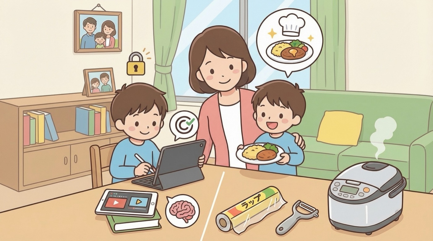家族でAIや料理について学ぶイメージイラスト