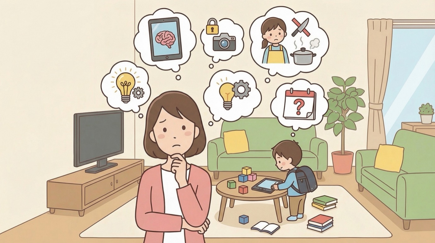 子どものAI・動画・料理をめぐって悩む親のイメージイラスト